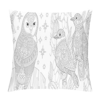 Personality  Adult Coloring Book. Beautiful Owl And Couple Of Lovely Birds In The Garden. Line Art Design For Antistress Colouring Pages In Zentangle Style. Vector Illustration.  Pillow Covers