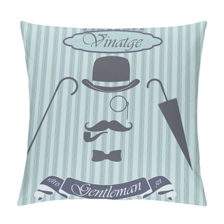 Personality  Retro Gentleman Elements Set - Bowler, Moustache, Tobacco Pipe Monocle, Cane And Umbrella, On Hipster Background. Vintage Sign Design. Old Fashiond Theme Label Pillow Covers