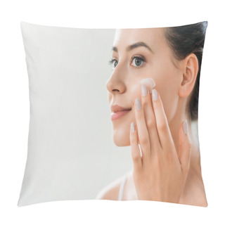 Personality  Beautiful Smiling Young Woman Applying Face Cream And Looking Away Pillow Covers