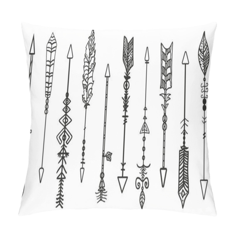 Personality  Bow arrows. Set of different rustic arrows with tribal ornaments. Black and white illustration pillow covers