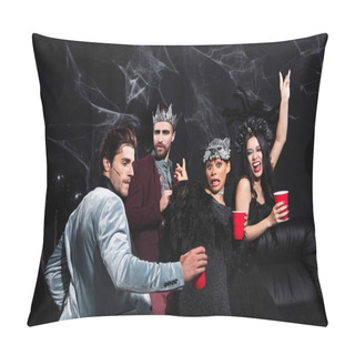 Personality  Interracial Women Showing Victory Gesture While Dancing With Excited Friends On Halloween Party On Black   Pillow Covers