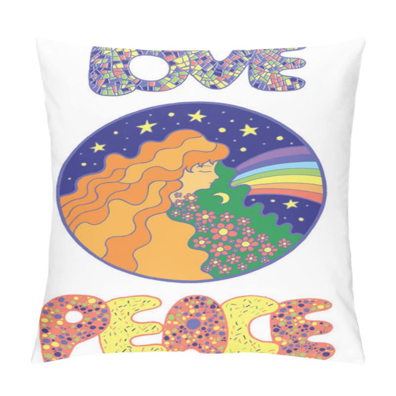 Personality  Poster With Hippie Girl, Love And Peace Words Pillow Covers