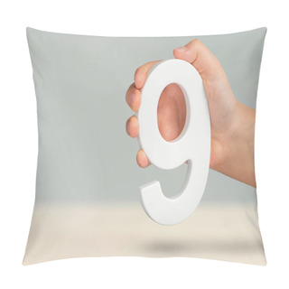 Personality  Number Nine In Hand. A Hand Holds A White Number 9 On A Blurred Background. Concept With Number Nine. Birthday 9 Years, Percentage, Ninth Grade Or Day Pillow Covers
