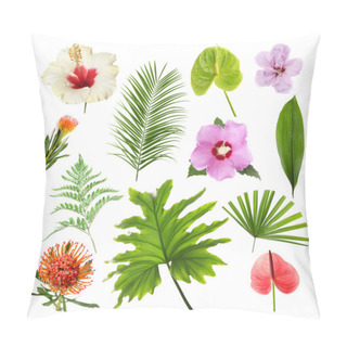 Personality  Set With Beautiful Tropical Flowers And Green Leaves On White Background Pillow Covers