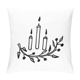 Personality  Hand Drawing Of Three Candles Burning With A Christmas Twig. Doodle Christmas Illustration On White Background Isolated Pillow Covers