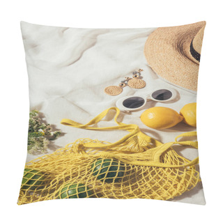 Personality  High Angle View Of Straw Hat, Sunglasses, Earrings, Flowers And Yellow String Bag With Ripe Tropical Fruits Pillow Covers