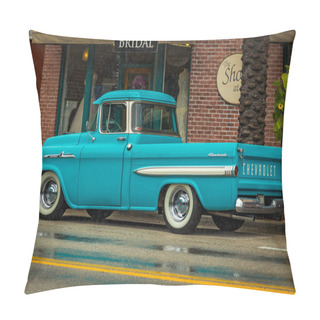 Personality  New Smyrna Beach, FL - August 12, 2017: 1959 Chevrolet Apache 3100 Fleetside At The Canal Street Car Show In The Rain. Pillow Covers