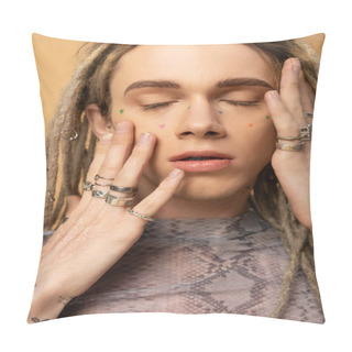 Personality  Portrait Of Young Queer Person With Dreadlocks Touching Face Isolated On Yellow  Pillow Covers