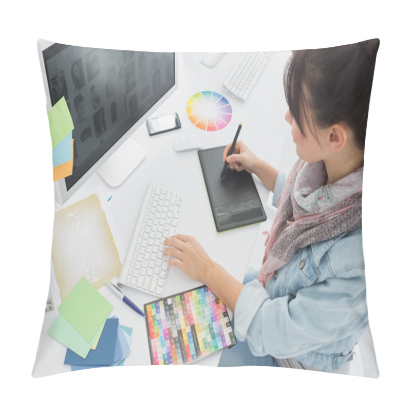 Personality  Artist drawing something on graphic tablet at office pillow covers