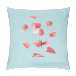 Personality  A Beautiful Image Of Sping Pink Flowers Flying In The Air On The Turquoise Background. Levitation Conception. Hugh Resolution Image Pillow Covers