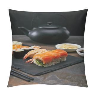 Personality  Food Composition With Sushi Set, Ginger And Soya Sauce In Bowls, Teapot And Cups With Tea On Dark Surface Pillow Covers