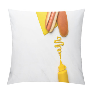 Personality  Top View Of Tasty Hot Dog With Mustard On White Marble Surface Pillow Covers