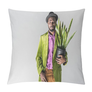 Personality  Fashionable African American Man In Hat With Green Plant In Flowerpot In Hand Posing Isolated On Grey Pillow Covers