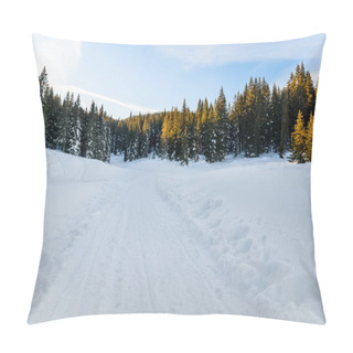 Personality  Deserted Snow Covered Path To A Pine Forest In TheEuropean Alps At Sunset Pillow Covers