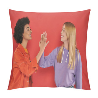 Personality  Cultural Diversity, Cheerful Multicultural Women Giving High Five On Coral Background, Blonde And Brunette, Diverse Friends, Sisterhood, Friendship Goals, Studio Shot, Female Friends  Pillow Covers