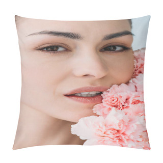 Personality  Woman With Fresh Skin Posing With Flowers Pillow Covers