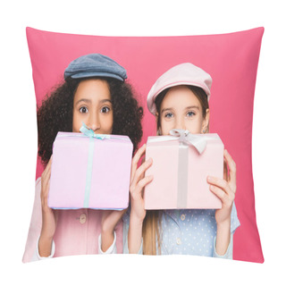 Personality  Excited Multicultural Friends In Trendy Outfit Holding Gift Boxes Isolated On Pink Pillow Covers