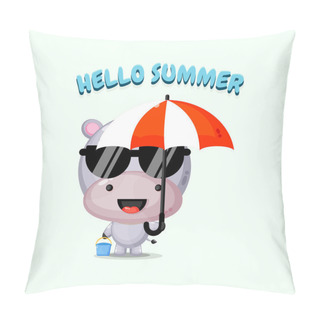 Personality  Cute Hippo Mascot Carrying Umbrella With Summer Greetings Pillow Covers