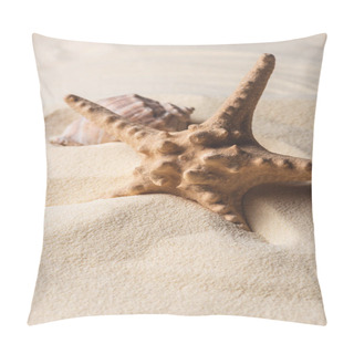 Personality  Summer Theme Template With Starfish And Shell On Sandy Beach Pillow Covers