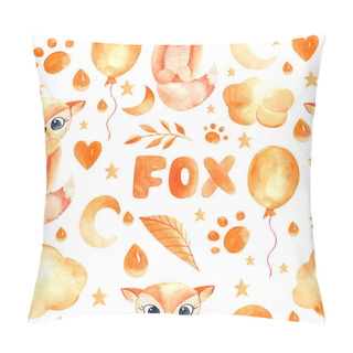 Personality  Watercolor Seamless Pattern With Cute Red Foxes On A White Background. Design Of Children's Clothing For Children With Chanterelles. Cute Watercolor Fox, Branches, Leaves, Hearts, Balloon. Pillow Covers
