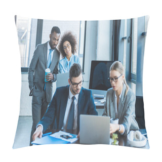 Personality  Multicultural Businesspeople Using Laptops In Office Pillow Covers