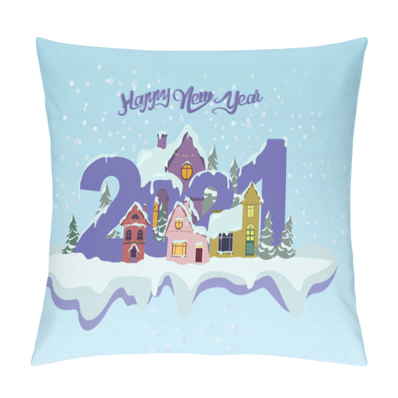 Personality  vector with happy new year lettering near houses, pines and falling snow on blue pillow covers