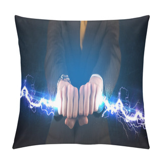 Personality  Business Man Holding Electricity Light Bolt In His Hands Pillow Covers
