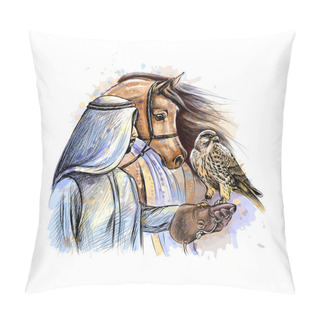 Personality  Arabian Man With A Falcon And A Horse From A Splash Of Watercolor Pillow Covers
