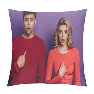 Personality  Surprised Man And Woman Pointing With Fingers At Themselves While Looking At Camera On Purple Background Pillow Covers