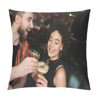 Personality  Excited Man Holding Negroni Cocktail Near Curly African American Friend In Bar  Pillow Covers