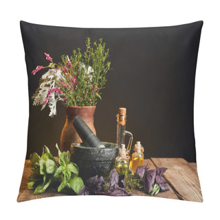 Personality  Grey Mortar Near Clay Vase With Fresh Wildflowers And Herbs On Wooden Table Isolated On Black Pillow Covers