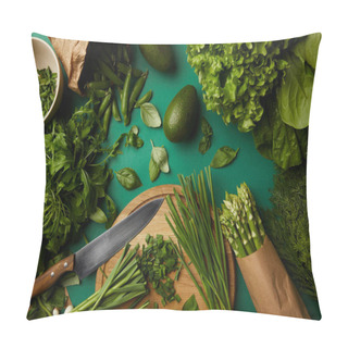 Personality  Top View Of Various Ripe Vegetables With Wooden Cutting Board And Knife On Green Surface Pillow Covers