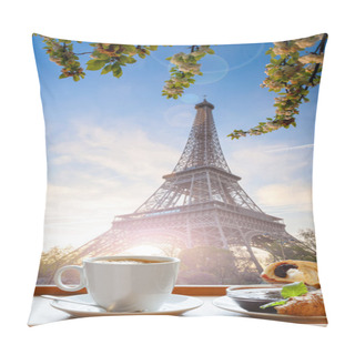 Personality  Coffee With Croissants Against Eiffel Tower In Paris, France Pillow Covers