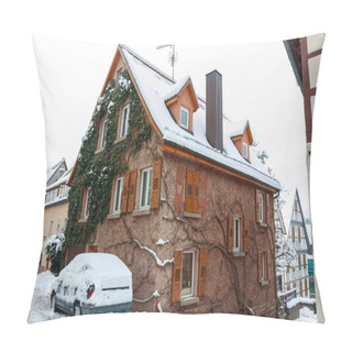 Personality  A Red House Entwined With Green And Dried Ivy Is A Landmark In The Old Town Of Bad Wimpfen, Germany. Illustration Of Bad Weather, A Lot Of Snow, Natural Disaster. Pillow Covers