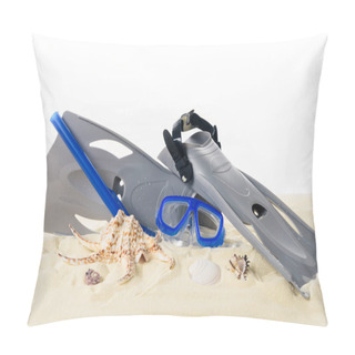 Personality  Flippers And Dive Mask In Sand Isolated On White Pillow Covers