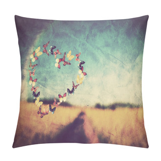 Personality  Heart Shape Made Of Colorful Butterflies On Vintage Field Background Pillow Covers