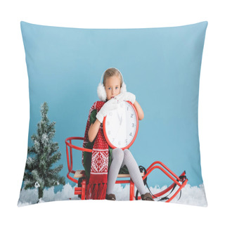 Personality  Girl In Winter Earmuffs And Scarf Sitting In Sleigh And Holding Clock Near Pines On Blue Pillow Covers