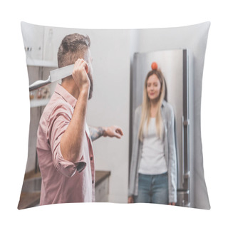 Personality  Man Throwing Sharp Knife At Tomato On Woman Head While Playing Dangerous Game Pillow Covers