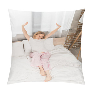 Personality  High Angle View Of Smiling Blonde Woman Stretching In Bed Pillow Covers