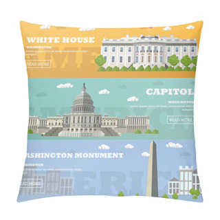 Personality  Washington DC Tourist Landmark Banners. Vector Illustration. Capitol, White House. Pillow Covers