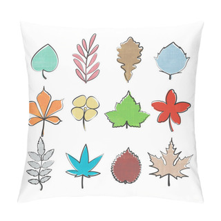 Personality  Set Of Colorful, Hand Drawn Leaf Icons Isolated On White Background. Vector Leaves Logo Collection. Thin Line Contour, Seasonal Design Elements. Natural Plant Symbol Pillow Covers