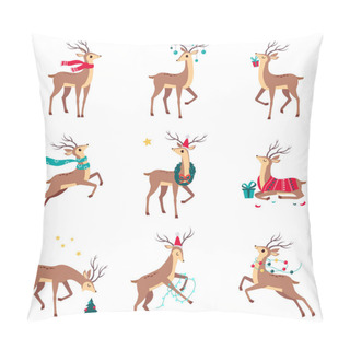 Personality  Beautiful Christmas Deers Set, Merry Xmas And New Year, Happy Winter Holidays Concept Cartoon Style Vector Illustration Pillow Covers