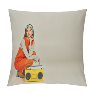Personality  Thoughtful Woman In Orange Dress Listening Music On Yellow Boombox On Grey, Retro-inspired Lifestyle Pillow Covers
