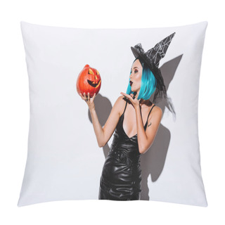 Personality  Sexy Girl In Black Witch Halloween Costume With Blue Hair Blowing Kiss To Spooky Carved Pumpkin On White Background Pillow Covers