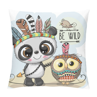 Personality  Cute Tribal Panda And Owl With Feathers Pillow Covers