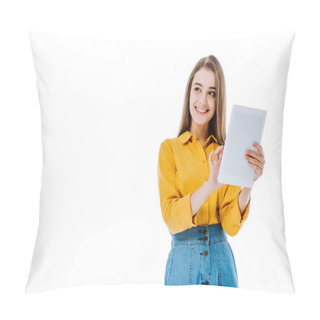 Personality  Smiling Attractive Girl Using Digital Tablet Isolated On White Pillow Covers