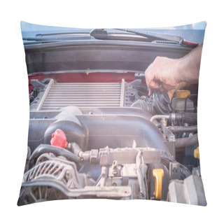 Personality  Repair And Maintenance Of The Car, Men's Hands Hold Technical Car Engine Service Pillow Covers