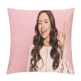 Personality  Cheerful Girl Winking Eye And Showing Ok Sign Isolated On Pink  Pillow Covers