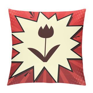 Personality  Tulip Sign. Vector. Dark Red Icon In Lemon Chiffon Shutter Bubble At Red Popart Background With Rays. Pillow Covers