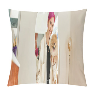 Personality  Stylish Woman With Pomeranian Spitz Smiling At Camera Near Reception Desk In Dog Hotel, Banner Pillow Covers